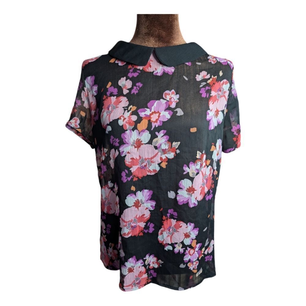 Peter Pan collar sheer floral chiffon blouse size S
